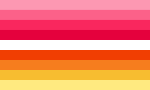 Retângulo dividido em nove faixas horizontais, nas cores rosa clara, rosa, rosa avermelhada, vermelha, branca, laranja escura, laranja, amarela escura e amarela.