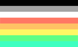 Retângulo composto por oito faixas horizontais do mesmo tamanho, nas cores preta, cinza, branca, salmão, laranja, amarela, verde clara e verde azulada.
