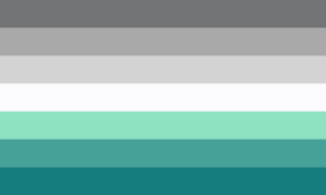 Retângulo dividido igualmente em sete faixas horizontais, nas cores cinza, cinza clara, cinza quase branca, branca, verde água, verde azulada e turquesa escura.