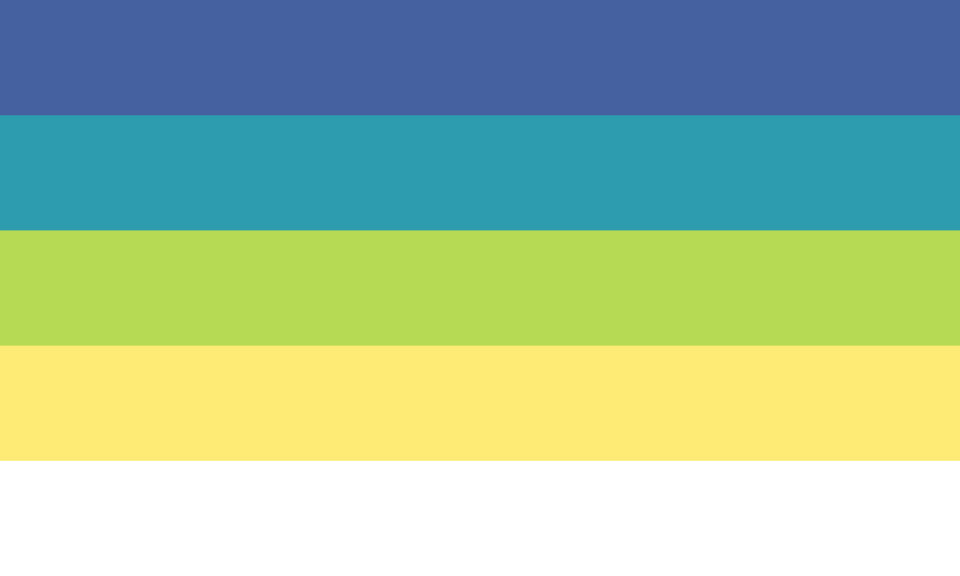 Retângulo composto por cinco faixas horizontais do mesmo tamanho, nas cores azul, turquesa, limão, amarela clara e branca.