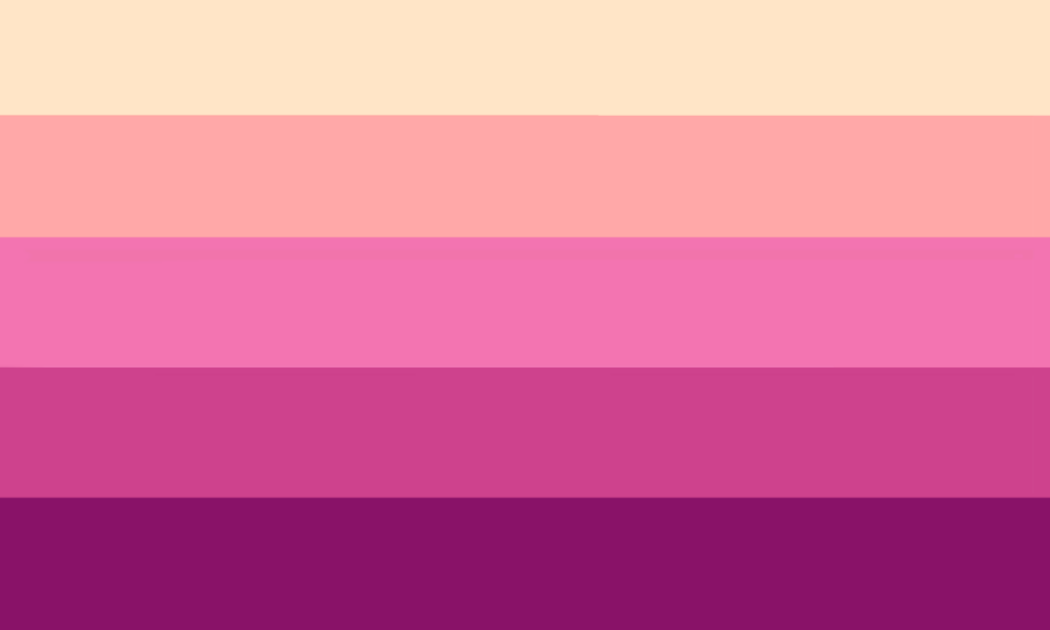 Retângulo composto por cinco faixas horizontais do mesmo tamanho, nas cores bege, salmão, rosa, magenta e vinho.