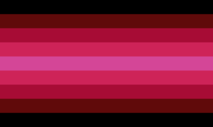 Nove faixas horizontais do mesmo tamanho, nas cores preta, marrom, rosa avermelhada, rosa, magenta, rosa, rosa avermelhada, marrom e preta.