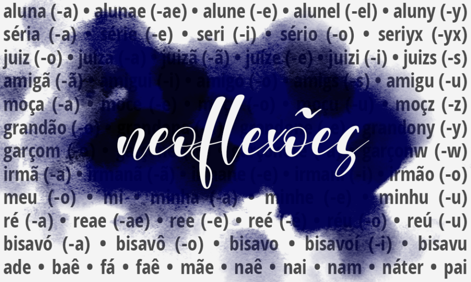 Um fundo cheio de palavras com exemplos de flexões diferenciadas; texto cinza escuro no fundo cinza claro. No centro, há um borrão azul escuro e o título neoflexões na cor branca e em escrita cursiva.
