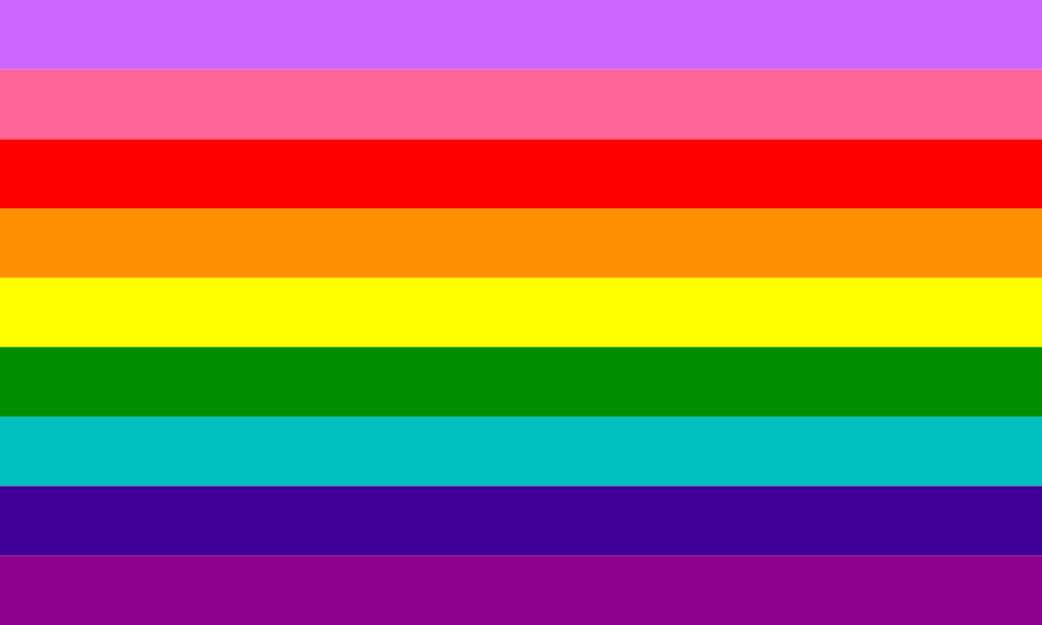 9 faixas horizontais do mesmo tamanho, nas cores lavanda, rosa, vermelha, laranja, amarela, verde, turquesa, índigo, roxa