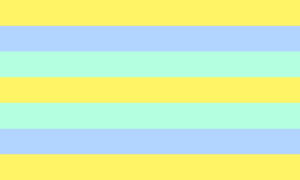 Sete faixas horizontais do mesmo tamanho, nas cores amarela, azul clara, verde água, amarela, verde água, azul clara e amarela.