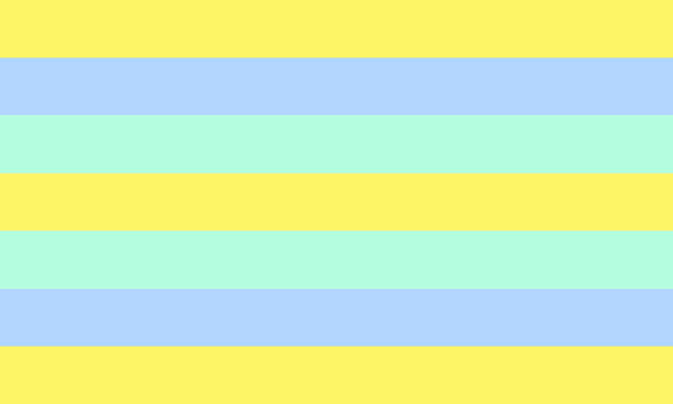 Sete faixas horizontais do mesmo tamanho, nas cores amarela, azul clara, verde água, amarela, verde água, azul clara e amarela.