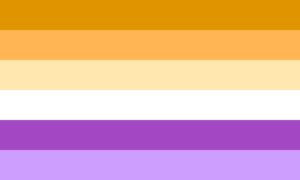 Seis faixas horizontais do mesmo tamanho, nas cores amarela escura, laranja clara, amarela clara, branca, roxa e roxa clara.