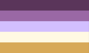 Bandeira com cinco faixas horizontais do mesmo tamanho, nas cores: roxa escura dessaturada, roxa dessaturada, lavanda clara, pérola e amarela queimada.