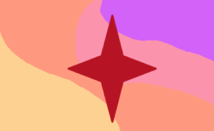 Retângulo composto por formas curvas irregulares nas cores magenta, rosa, salmão e creme. No centro da bandeira, há uma estrela de quatro pontas vermelha que é mais alta do que larga.