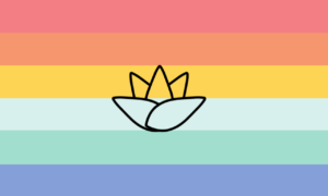 Retângulo composto por seis faixas horizontais do mesmo tamanho, em tons pastéis das cores vermelha, laranja, amarela, ciano, turquesa e índigo. No centro da bandeira, há um símbolo pontudo preto representando uma flor de lótus.