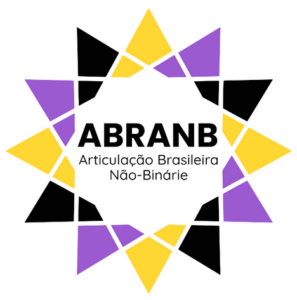 Estrela de 12 pontas formada por 24 formas, sendo metade triângulos e metade quadriláteros, nas cores preta, amarela e roxa. No centro, há a sigla ABRANB seguida de Articulação Brasileira Não-Binárie.