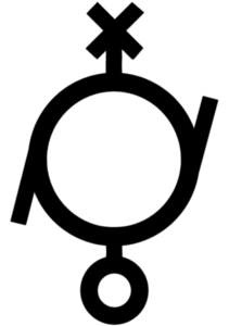 Contorno de um círculo de onde estão saíndo quatro traços. O traço que está saindo para cima termina em um formato de X. O traço que está saindo para baixo termina em outro contorno de círculo, só que menor. Os traços saindo da esquerda e da direita só apontam para baixo e para cima, respectivamente.