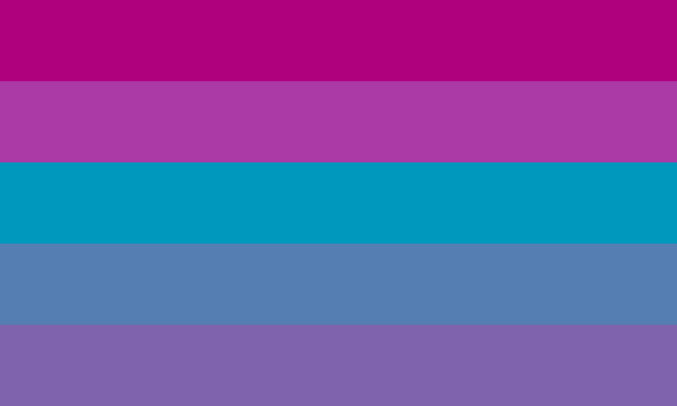 Retângulo composto por cinco faixas horizontais do mesmo tamanho, nas cores magenta escura, roxa, turquesa, azul acinzentada e lavanda escura.