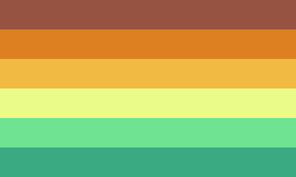 Retângulo composto por seis faixas horizontais do mesmo tamanho, nas cores marrom, laranja, dourada, amarela, verde água e turquesa.