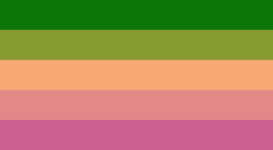 Cinco faixas horizontais do mesmo tamanho, nas cores verde, verde oliva, laranja clara, rosa acinzentada clara e rosa acinzentada.