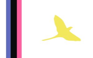 Um retângulo branco com três finas faixas verticais à esquerda nas cores azul, preta e rosa, e com uma silhueta amarela similar a uma ave no meio do espaço branco à direita das faixas.