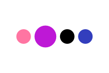 Em um retângulo branco, quatro círculos são dispostos um ao lado do outro, nas cores rosa, roxa, preta e azul, de tons iguais aos da bandeira gênero-fluido mais famosa. O círculo roxo é maior do que os outros.