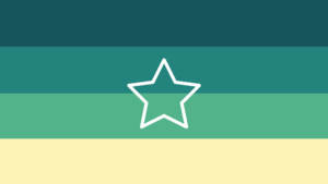 Retângulo composto por quatro faixas horizontais do mesmo tamanho, nas cores turquesa escura, turquesa, esmeralda e amarela clara. No centro, há um contorno branco em formato de estrela de cinco pontas.