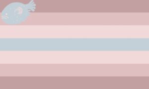 Retângulo composto por sete faixas horizontais do mesmo tamanho nas cores marrom, bege, rosa clara, azul clara, rosa clara, bege e marrom, todas em tons pouco saturados. No canto superior esquerdo, há um peixe-bolha estilizado.
