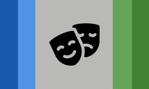 Retângulo composto por cinco faixas verticais, com a central sendo bem maior do que as outras. As cores das faixas são azul, ciano, cinza clara, verde pálida e verde. No centro da faixa central, há um símbolo composto por duas máscaras estilizadas, uma sorrindo e a outra triste.