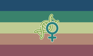 Retângulo composto por cinco faixas horizontais do mesmo tamanho, nas cores azul petróleo, esmeralda escura, verde clara, laranja acinzentada e vermelha acinzentada. No centro, há um símbolo composto por uma molécula de DNA verde e um símbolo de Vênus turquesa, ambos com contornos finos e brancos.