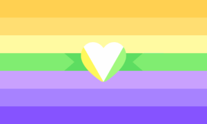 Retângulo composto por sete faixas horizontais do mesmo tamanho, nas cores amarela, ouro, amarela clara, verde, lavanda clara, lavanda e lavanda escura. No centro da bandeira, a faixa verde é parcialmente ocupada por um design que remete a uma fita verde um pouco mais escura do mesmo tamanho da faixa, mas que termina com duas pontas de cada lado. Por cima disso, há um coração centralizado na bandeira, ocupando a altura de aproximadamente duas faixas, o qual é majoritariamente branco mas que também tem um lado amarelo à esquerda e um lado verde à direita.