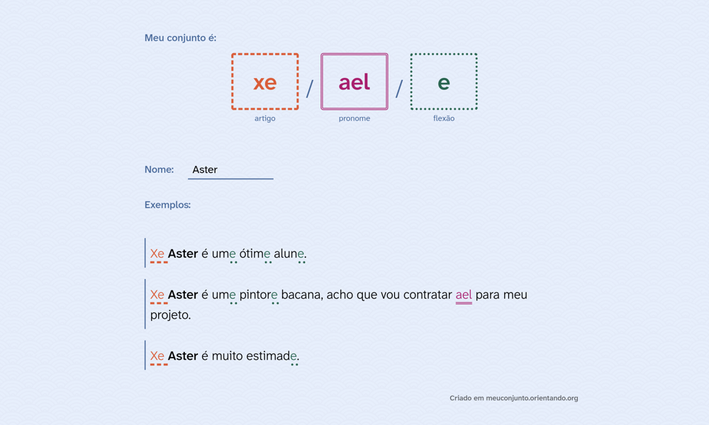 Imagem de compartilhamento do site "Meu conjunto é", demonstrando o conjunto xe/ael/e para o nome Aster.
